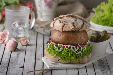 Portobello burger, homemade bun and lettuce