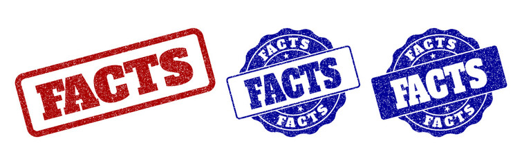 FACTS grunge stamp seals in red and blue colors. Vector FACTS labels with grunge style. Graphic elements are rounded rectangles, rosettes, circles and text titles.