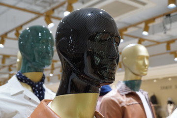 male mannequin's black head and green and white mannequin's head behind