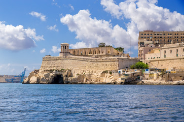 Valletta, Malta. Scenic view of the chapel with the Bell of the Siege on the bastion of St....