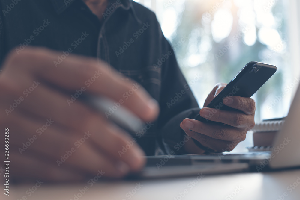 Poster man using mobile smartphone