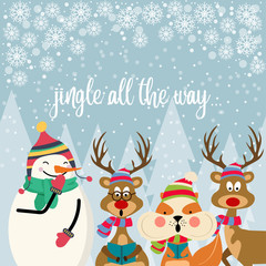 Beautiful flat design Christmas card with squirrel, reindeers and snowma