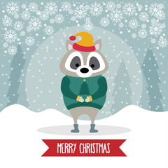 Beautiful flat design Christmas card with dressed raccoon