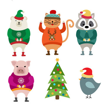 Funny flat design animals dressed for Christmas