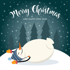 Christmas card with cute snowman and wishes