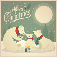 Beautiful retro Christmas card with polar bears family