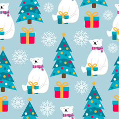 Christmas seamless pattern with polar bears, Christmas trees and presents