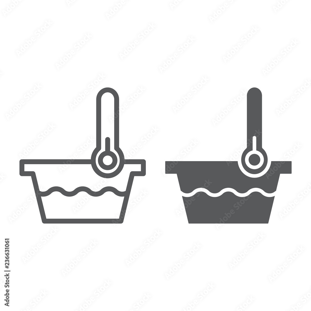 Poster low temperature line and glyph icon, indicator and wash, thermometer and basin sign, vector graphics