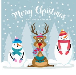Christmas card with cute snowman, reinder and wishes.