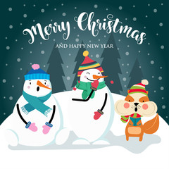 Christmas card with cute squirrel, snowman and wishes