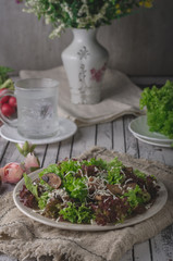 Homemade bio salad lettuce with mushrooms and wholegrain bread