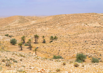 Mountain village in the fog. View of the town from above. Tunisia