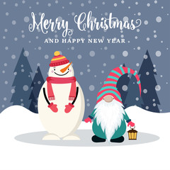 Beautiful flat design Christmas card with snowman and gnome