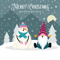 Beautiful Christmas card with gnome and snowman