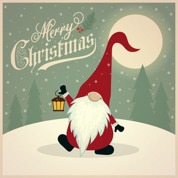Beautiful retro Christmas card with gnome