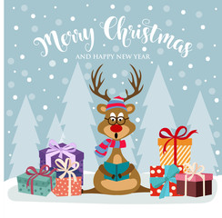 Fototapeta premium Christmas card with cute reindeer and gift boxes