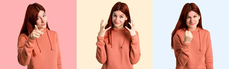 Set of Young redhead girl with pink sweatshirt annoyed angry in furious gesture. Negative expression on colorful background