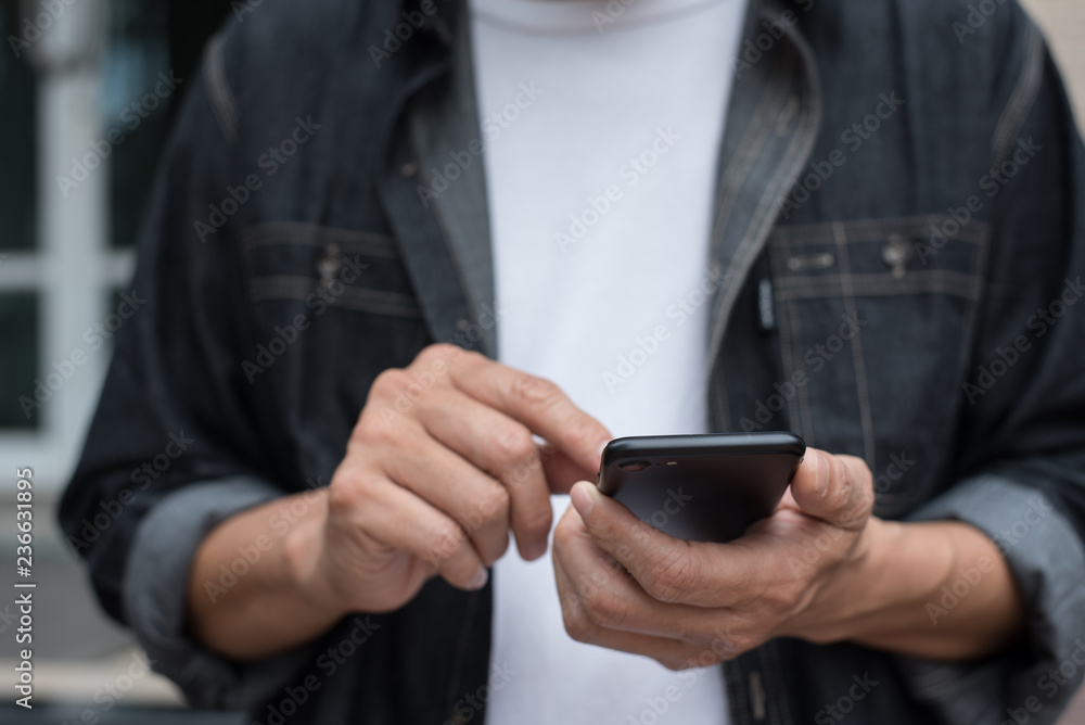 Poster man using smartphone