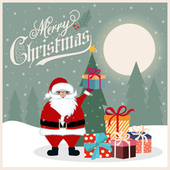Christmas card with Santa, Christmas tree and presents