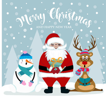 Christmas card with Santa, snowman and reindeer