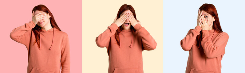 Set of Young redhead girl with pink sweatshirt covering eyes by hands on colorful background
