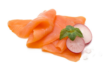 Fresh salmon slice and spice on the white background.