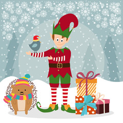Christmas card with elf and hedgehog