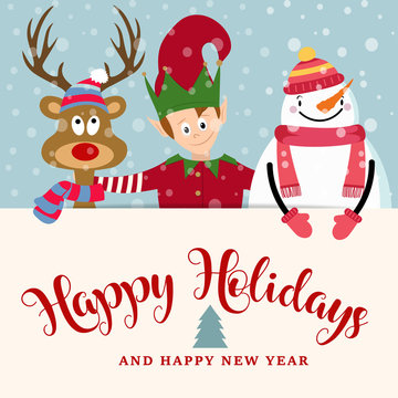 Christmas card with elf, snowman and reindeer