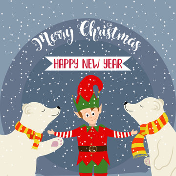 Christmas card with elf and polar bears
