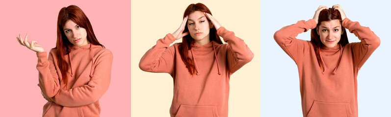 Set of Young redhead girl with pink sweatshirt unhappy and frustrated with something. Negative facial expression on colorful background