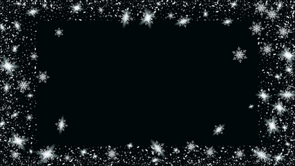 Fototapeta premium Falling snow background. Festive frame for New Year greetings. Bbright, White, Shimmer, Glowing, Scatter, Falling background.