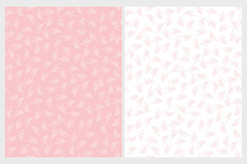 Cute Delicate Twigs Repeatable Vector Patterns. Light Pink and White Twigs and Leaves. Pink and White Background. Pastel Color Design. Lovely Hand Drawn Sprigs Illustration. 