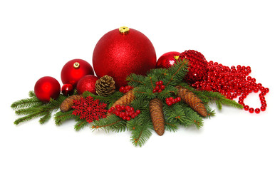 Christmas decoration baubles with branches of fir tree