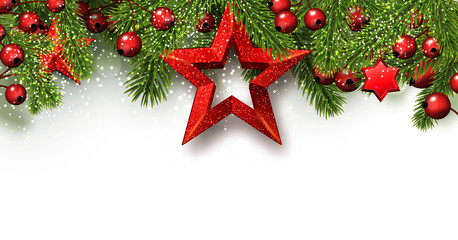 White Christmas and New Year shiny poster with fir branches, holly berries and red stars.