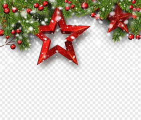 Christmas and New Year shiny background with fir branches, holly berries, snow and red stars.