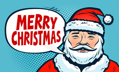 Merry Christmas, banner. Happy Santa Claus. Pop art retro comic style. Cartoon vector illustration