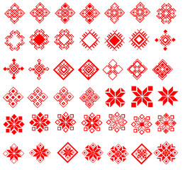 Red ethnic Slavic pattern on white background - obrazy, fototapety, plakaty