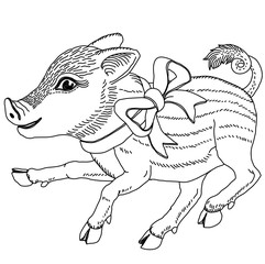 Pig with ribbon line drawing template for engraving, embroidery, burning out on a tree and other creative