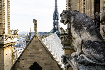 Rooftop of Notre-Dame de Paris cathedral with the stone statue of an angel with trumpet and chimeras overlooking the city vanishing in the mist.