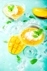 Fototapeta na wymiar Tropical mango floating margarita cocktails with coconut ice cream, light blue background copy space