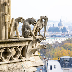 Three stone statues of chimeras on the towers gallery of Notre-Dame de Paris cathedral overlooking...