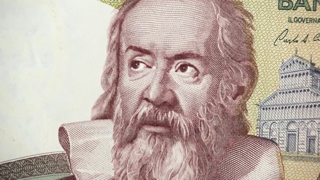 Galileo Galilei portrait on Italy banknote rotating. Genius Italian scientist, mathematician, astronomer, philosopher and inventor, father of modern physics. 4K UHD video footage