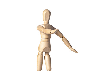 A wooden mannequin is reaching away with one hand in a stoping gesture, isolated on white background