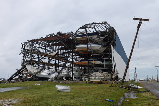 2017 Major Hurricane Harvey, Wind Damage And Building Destruction In Rockport, Texas. 