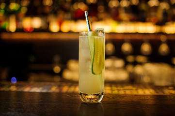 Glass of fresh sour and bitter alcoholic cocktail with cucumber, juice and gin with straw