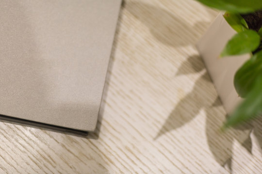 Close-up of a folder and flower poton a wooden table