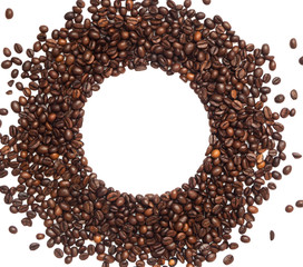Circle frame of coffee beans on white background, isolated, copy space, top view