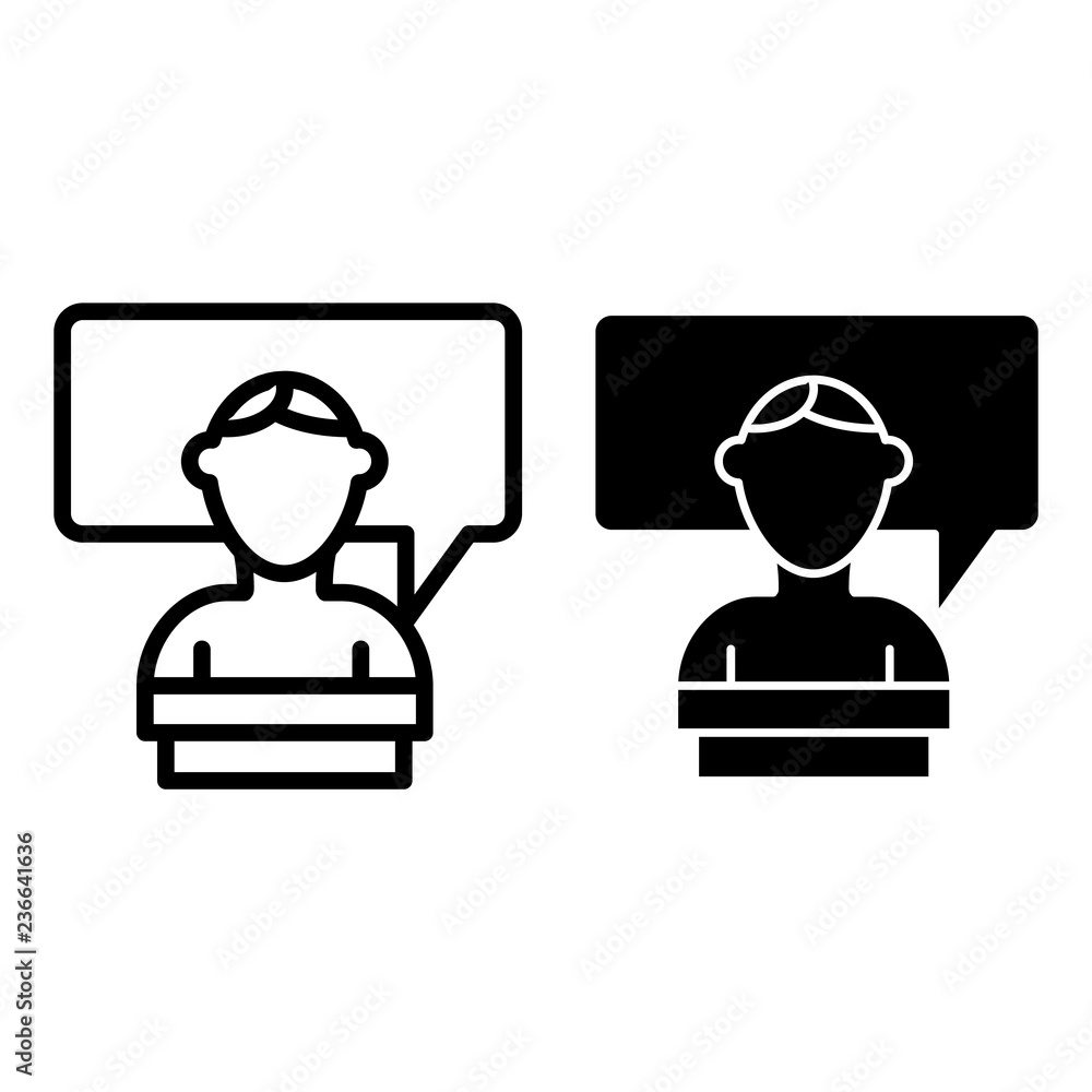 Poster student and dialogue line and glyph icon. speech bubble and person vector illustration isolated on w
