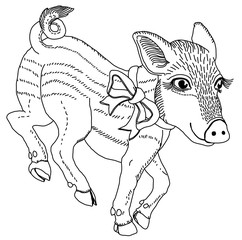 Pig with ribbon black and white line drawing template for engraving, embroidery, burning out on a tree and other creative 