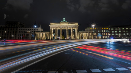 Light stripes in front of the Brandenburg Gate in Berlin Germany
